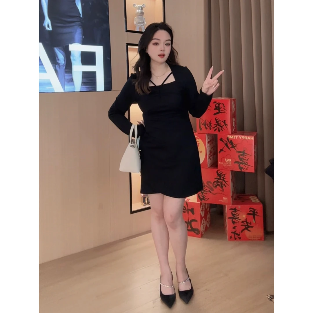 法式设计感时髦穿搭遮肉压褶长袖连衣裙胖恩微胖定制【DM409】