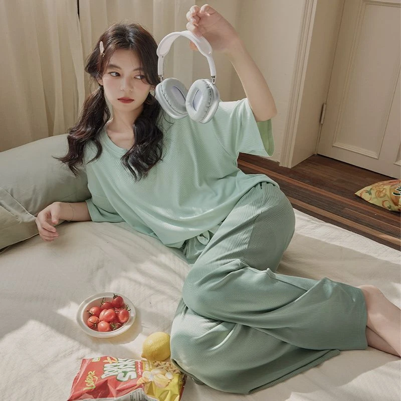 夏天的睡衣女款带胸垫夏季套头款家居服冰丝螺纹简约可外穿家居服