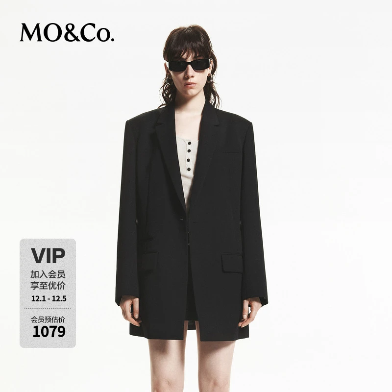 MOCO秋绵羊毛精纺中长款垫肩H廓形西装外套MBD3BLA002