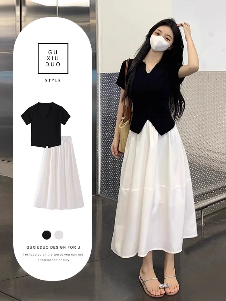 法式黑色短袖正肩t恤女2025高级感设计感短款上衣夏季白色半身裙