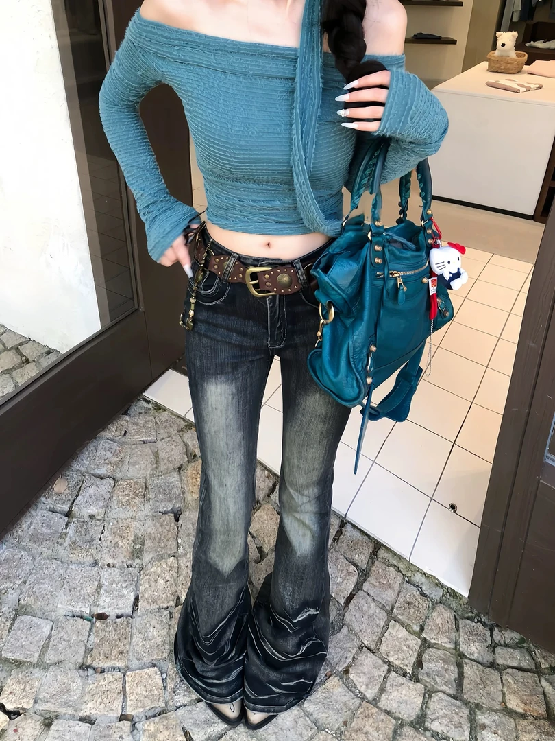 美式复古辣妹中腰微喇牛仔裤女秋季修身显瘦百搭马蹄长裤