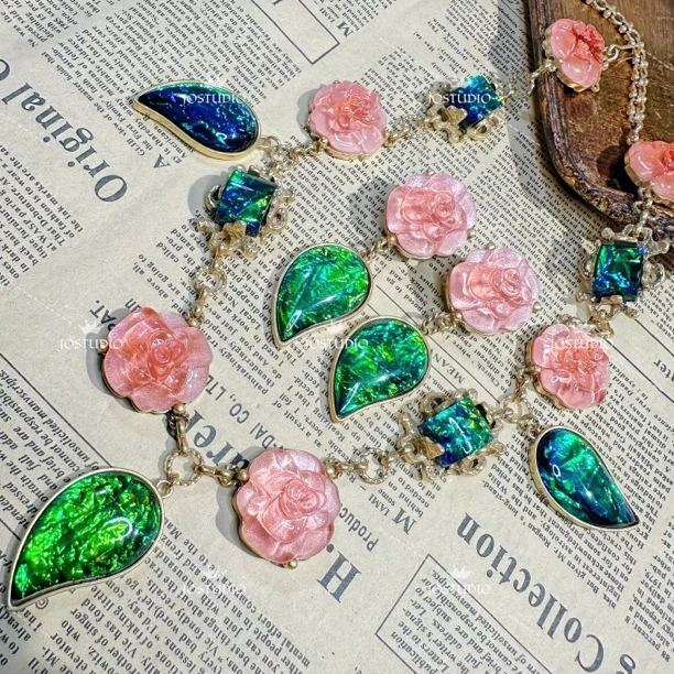 铜合金树脂项链 中古铜合金饰品外贸单高订欧泊色玫瑰花树项链