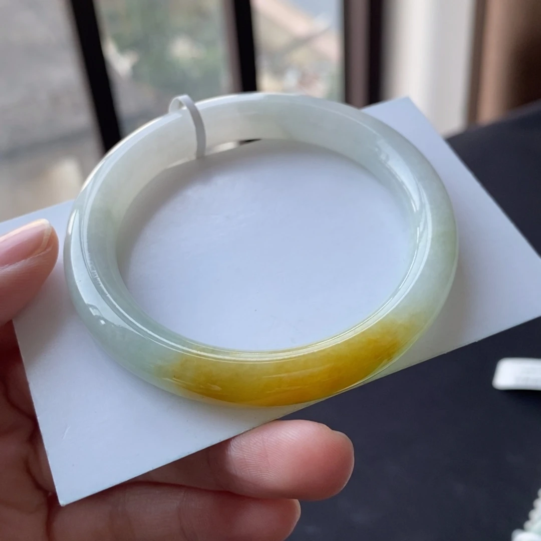 翡翠未镶嵌手镯52.5圆条黄翡飘金丝绿