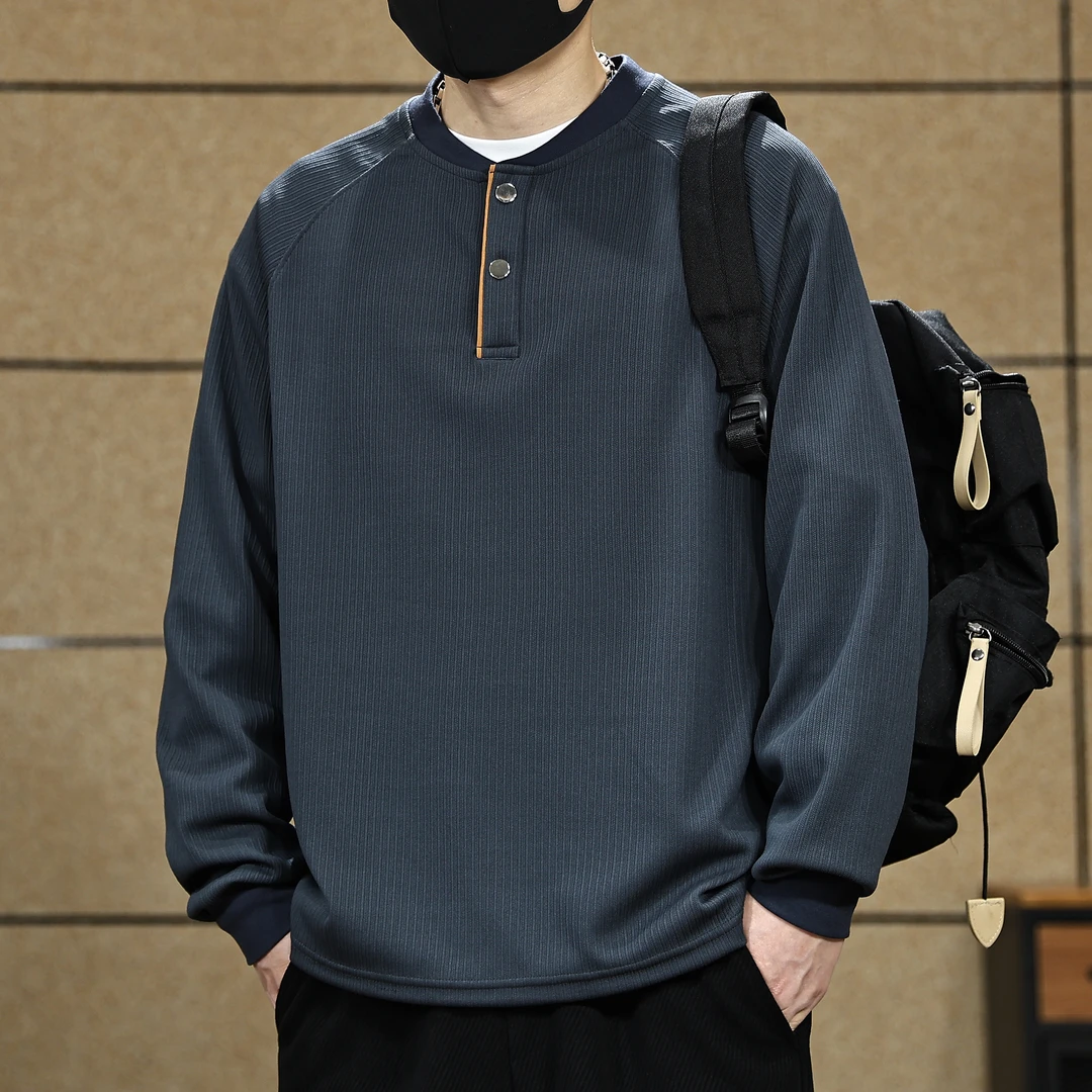 美式经典肌理感条纹卫衣男2025秋季新款潮牌宽松亨利领长袖打底衫