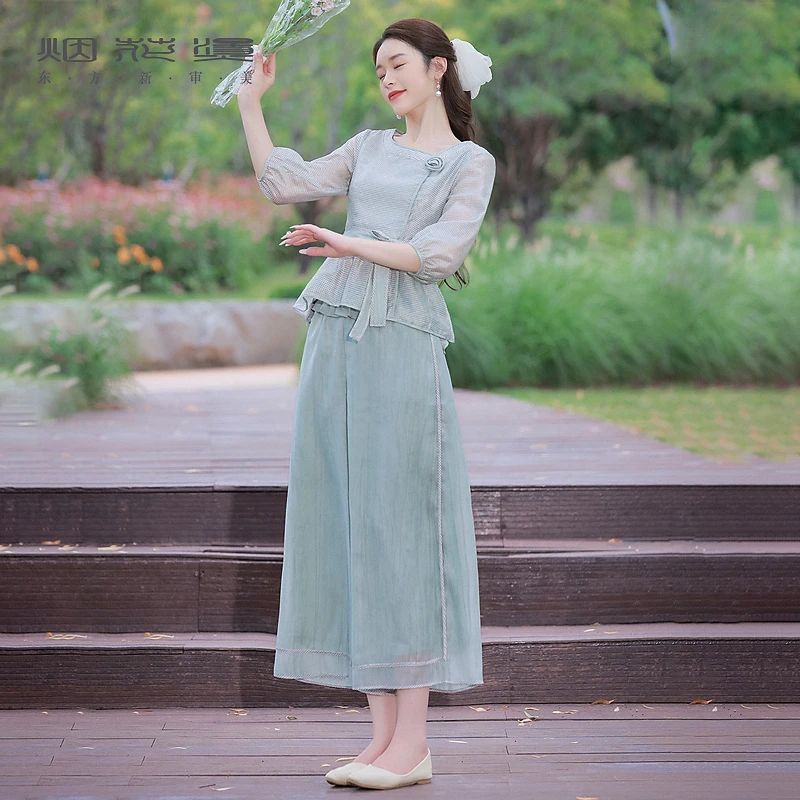 烟花烫国风复古气质套装女 2025秋季新款中袖衬衫阔腿裤 赐绯绯赐