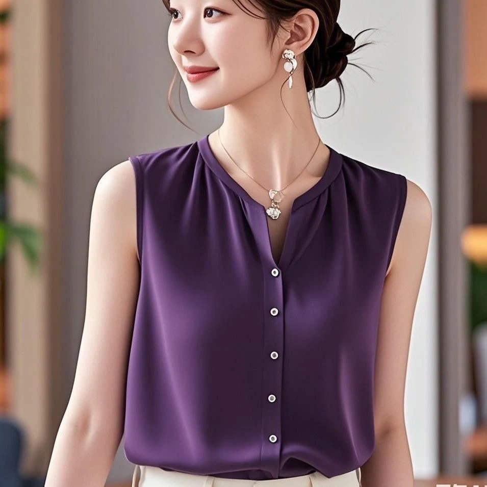 复古休闲V领无袖衬衫女独特小众设计感宽松大码时尚洋气小衫衬衣