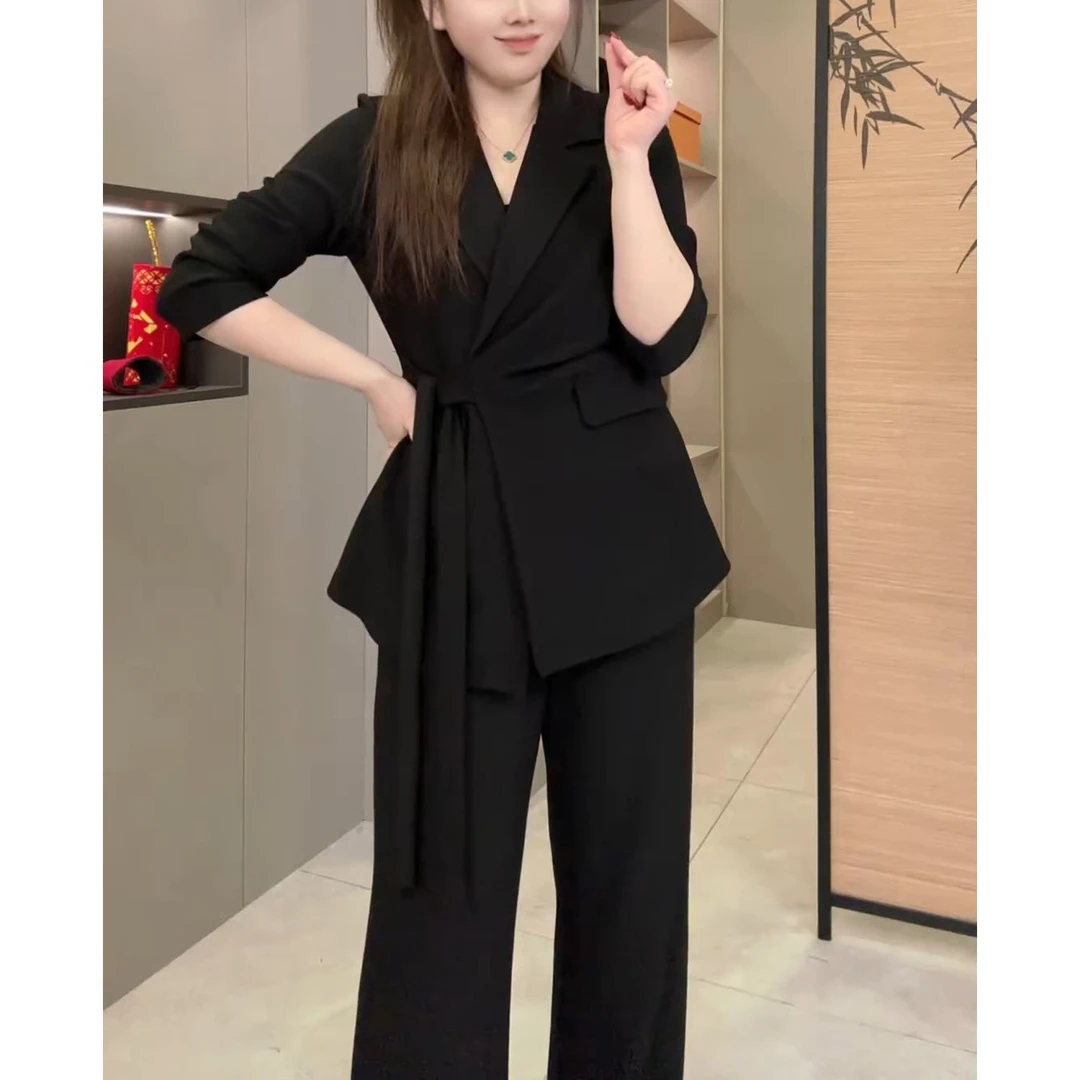 2025春季新款时尚气质大码宽松显瘦系带西装上衣高腰阔腿裤两件套