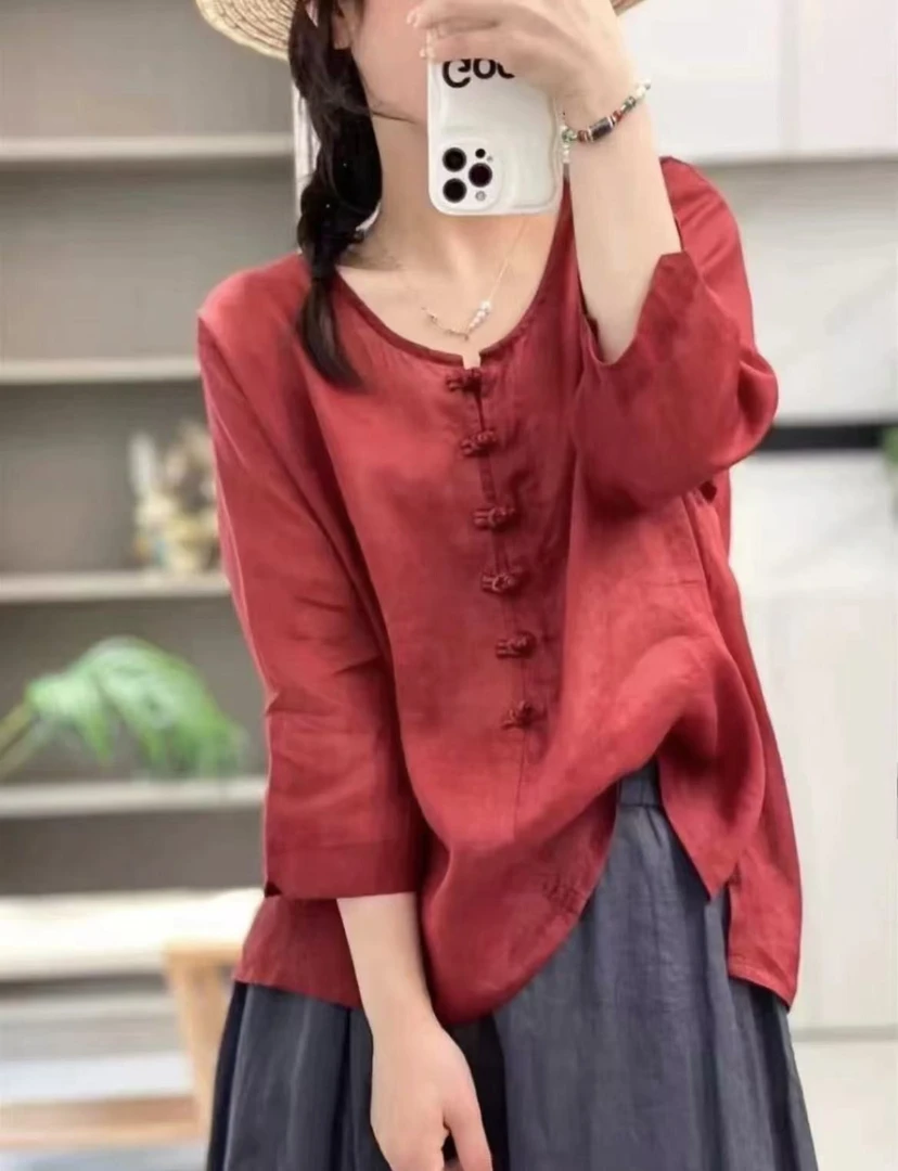 文艺复古百搭盘扣苎麻上衣9837
