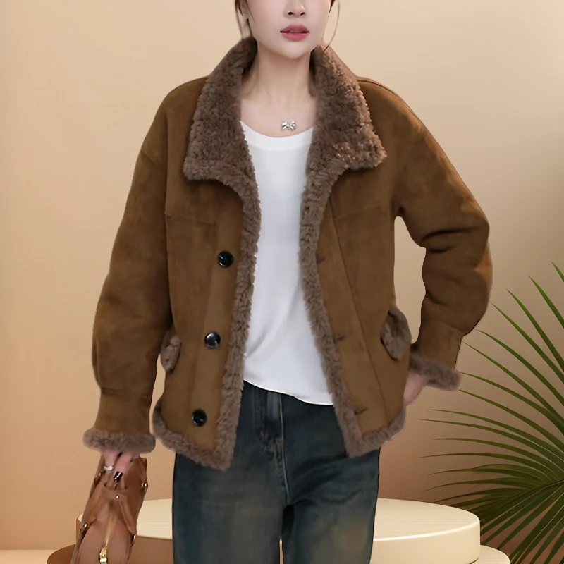 时尚复古港风短外套女2024冬季新款洋气宽松显瘦皮毛一体保暖上衣