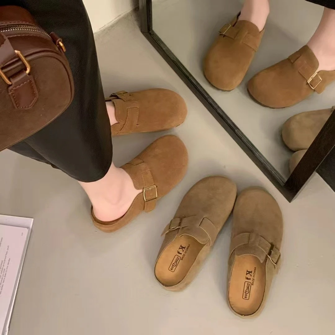 日系勃肯鞋女2025年春季新款平底百搭包头半拖鞋外穿懒人博肯鞋子