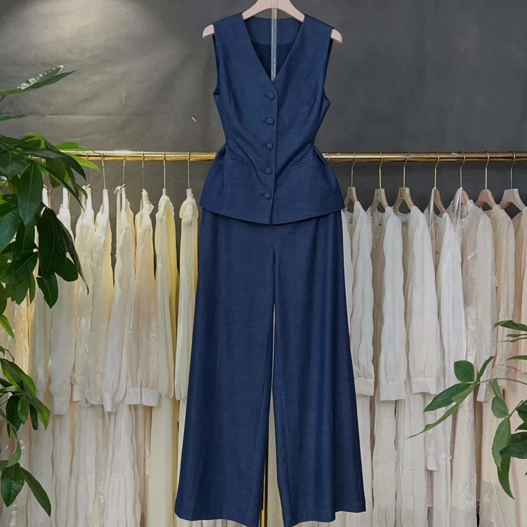 X5010 法式轻熟风藏蓝色V领马甲夏季绝美遮胯阔腿裤两件套