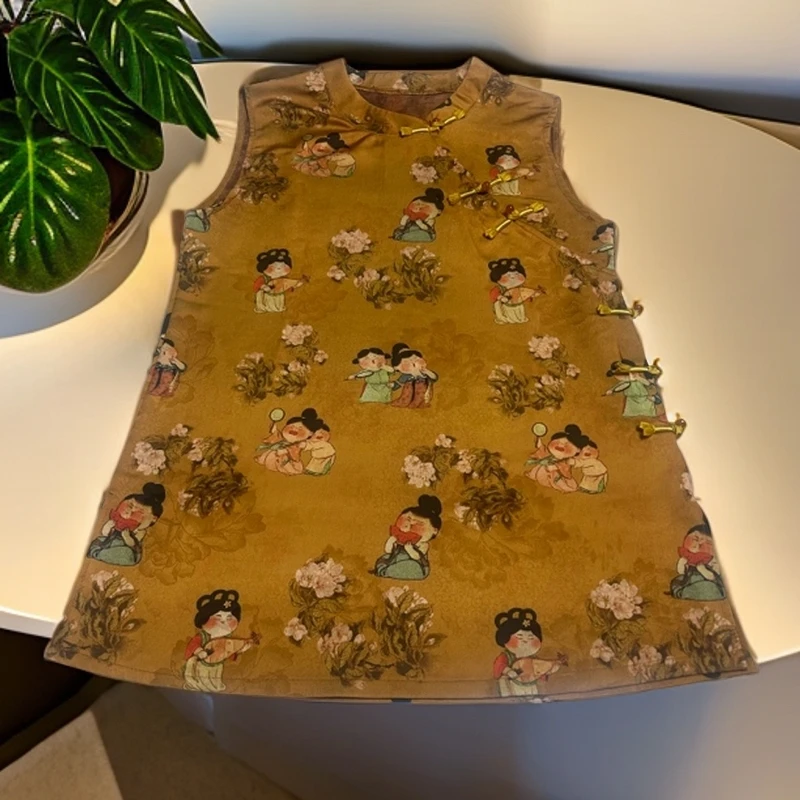 提花立领单排扣中长款女夏季马夹复古显瘦上衣