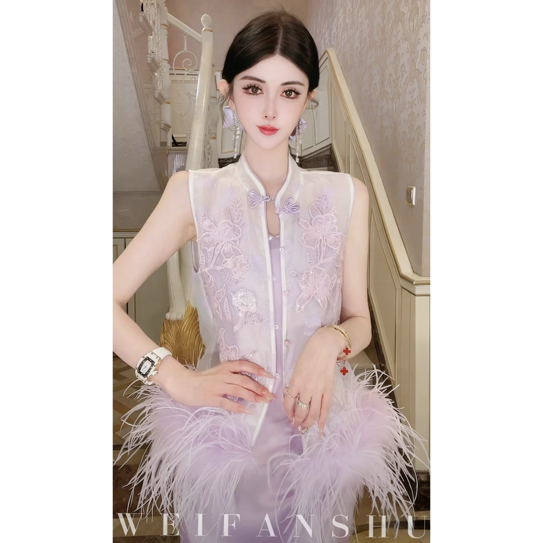 WEIFANSHU/魏凡舒【月饮山茶】春夏新款新中式刺绣羽毛气质马甲上衣