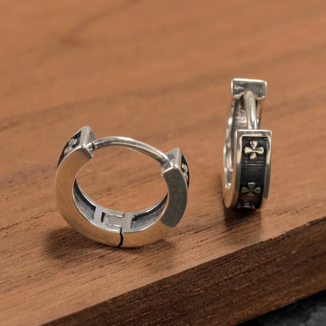 925银耳饰 欧美风十字架耳环复古做旧幸运草耳钉个性潮流纯银耳扣