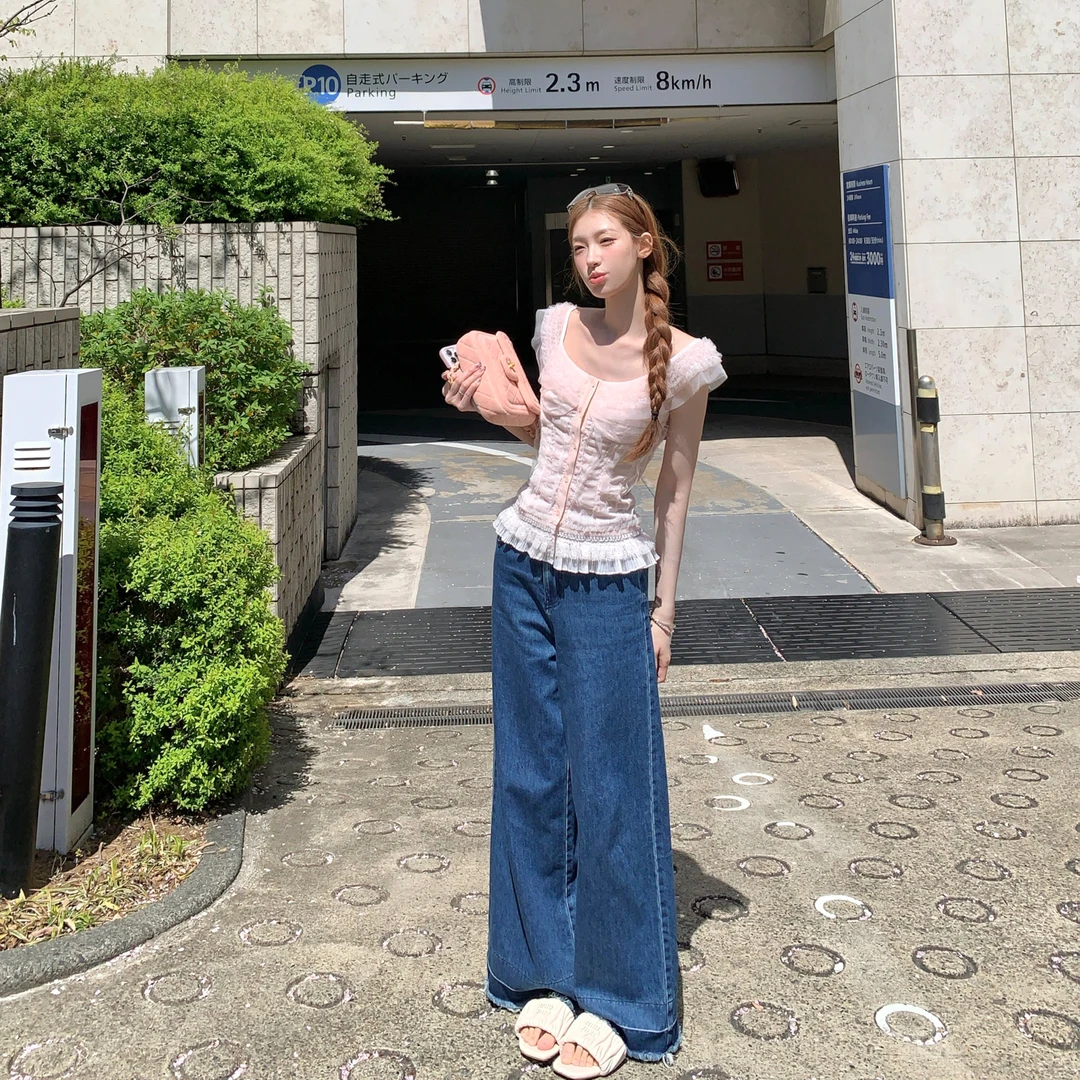 SourceWithU 4.18 夏日神裤 95棉复古简约毛边牛仔裤高腰阔腿裤