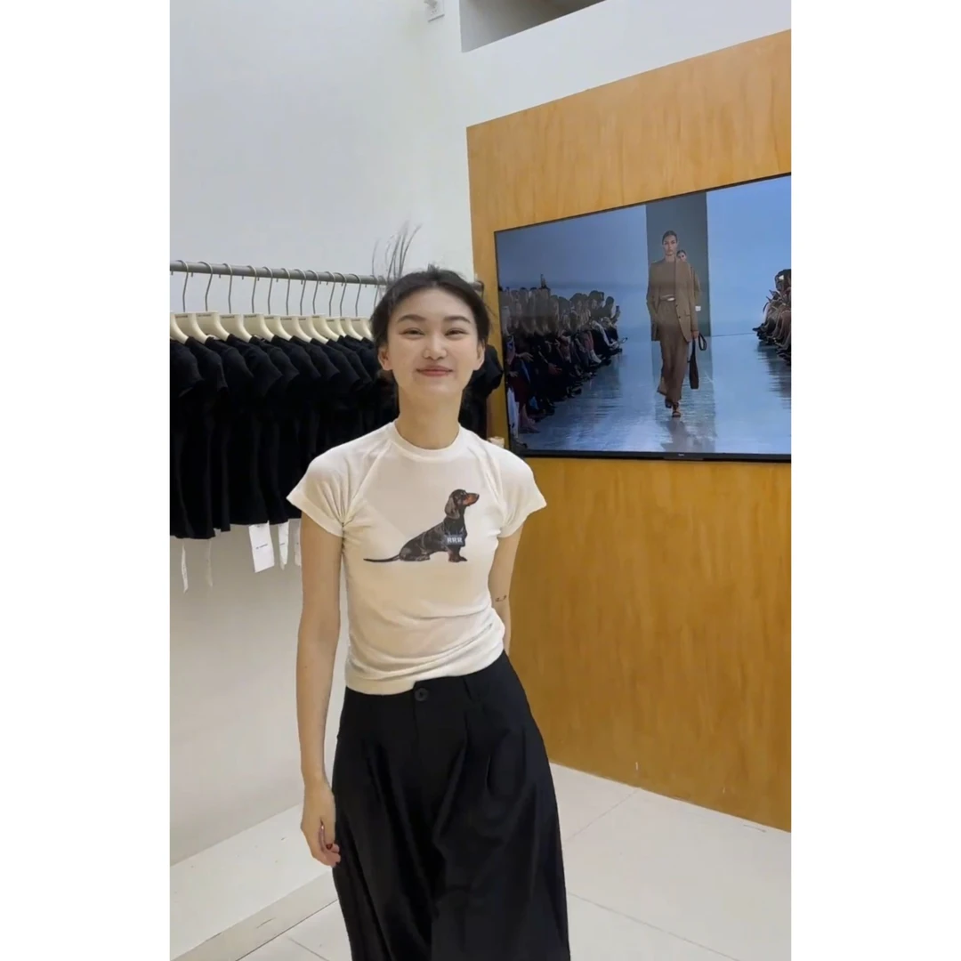 韩版时尚小狗印花修身显瘦短袖上衣新款搭配工装休闲裤子两件套装