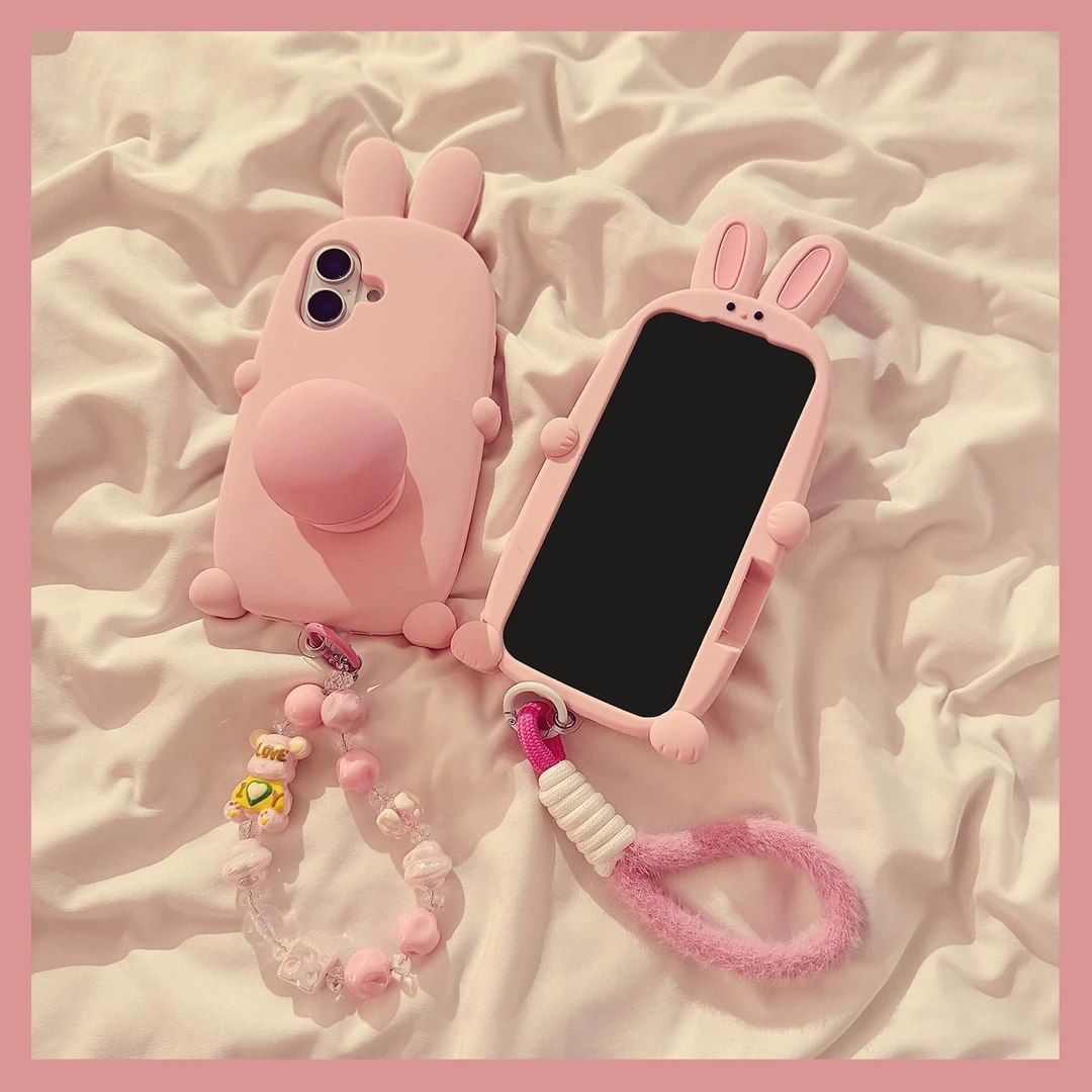 立体粉色大兔子支架iPhone16promax适用苹果15手机壳14硅胶13链条
