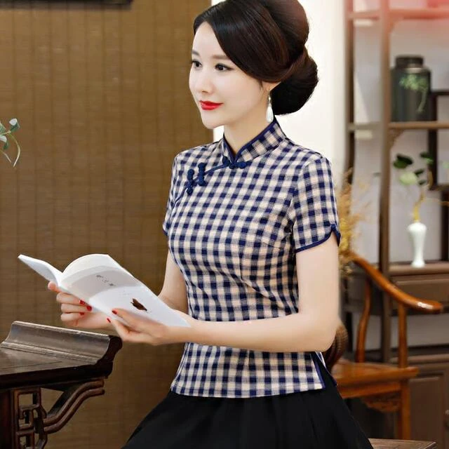 改良旗袍上衣女夏短款短袖盘扣上衣中国风唐装套装复古两件套汉服
