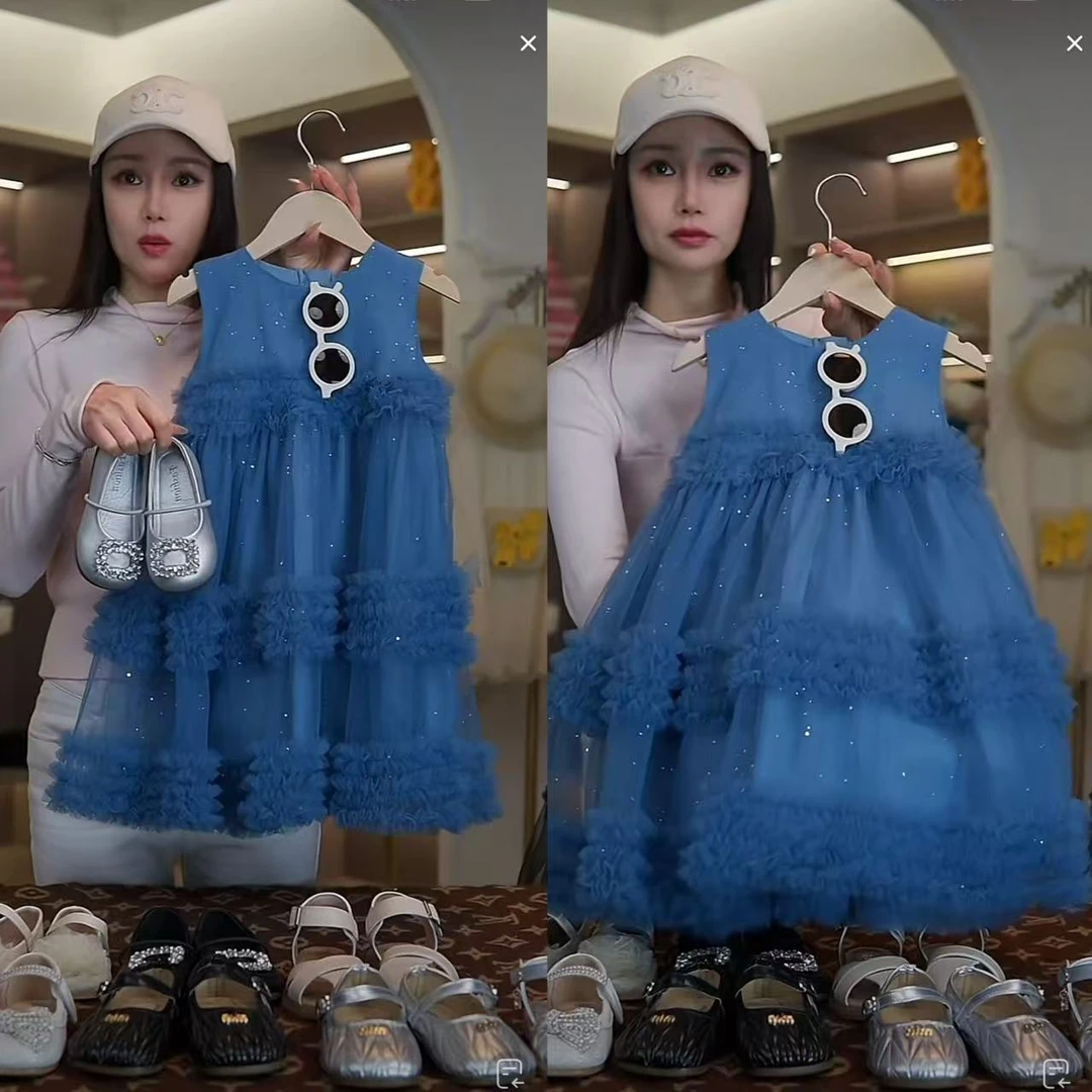 AYJ250097女童背心连衣裙夏季蓝色网纱蛋糕蓬蓬裙