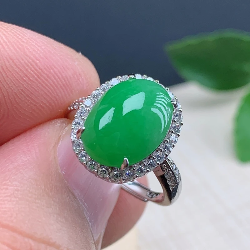 新款925银托戒指内径可调缅甸纯天然A货翡翠阳绿色女款镶嵌气质
