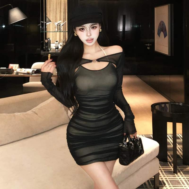 辣妹修身显瘦黑色网纱吊带包臀收腰连衣裙网纱长袖防晒罩衫套装女