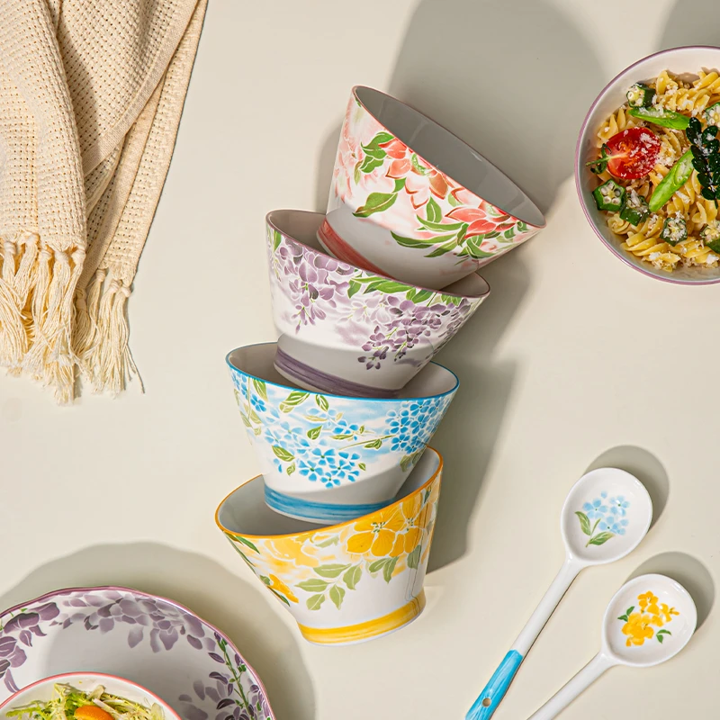 一路生花四只装家用5英寸斗笠碗陶瓷釉下彩创意高颜值米饭高教碗