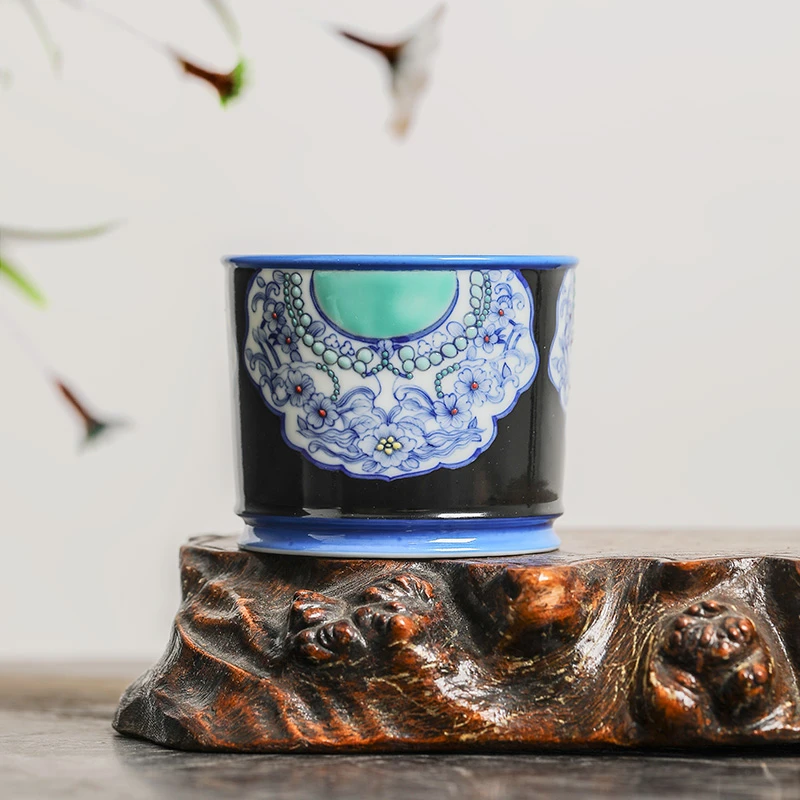 景德镇主人杯单杯黑地手绘云锦青花斗彩松石绿小容天功夫茶杯茶具