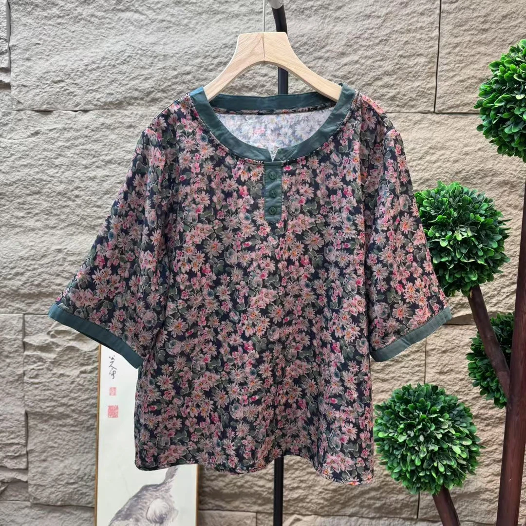 10397新款夏季文艺减龄碎花复古T恤小衫QZ