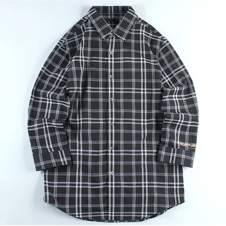 cs3黑白格子亲肤男装春秋外穿修身潮流七分袖男衬衫衬衣