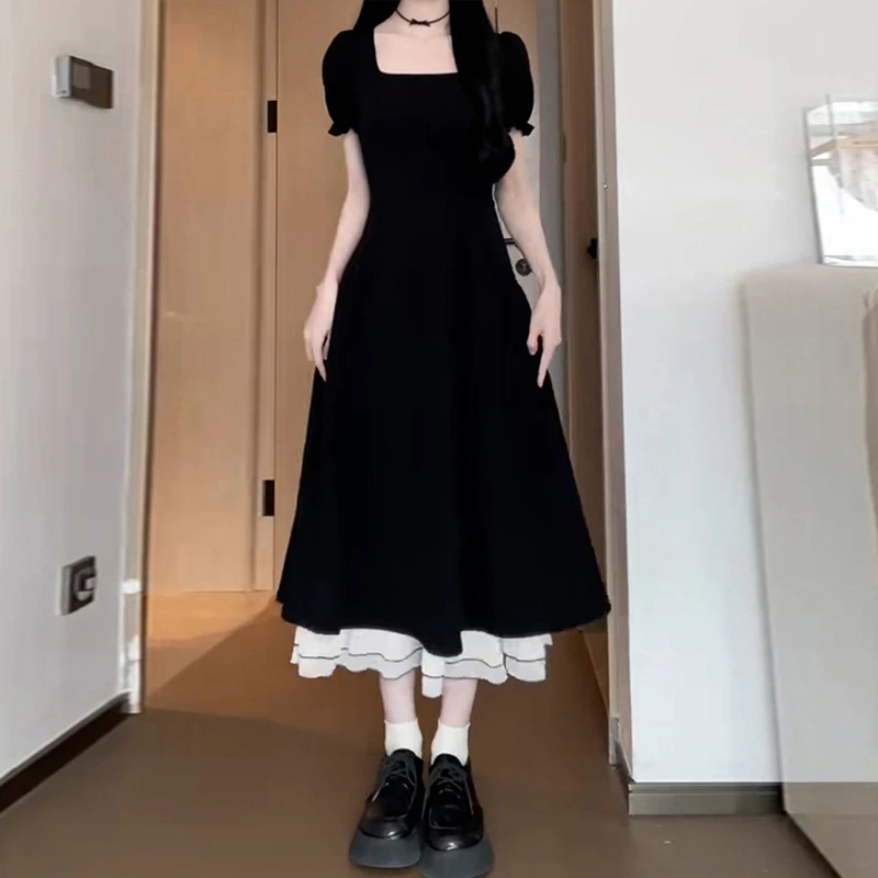 2789法式赫本风黑色方领连衣裙女夏新款小个子收腰蓬蓬裙短裙