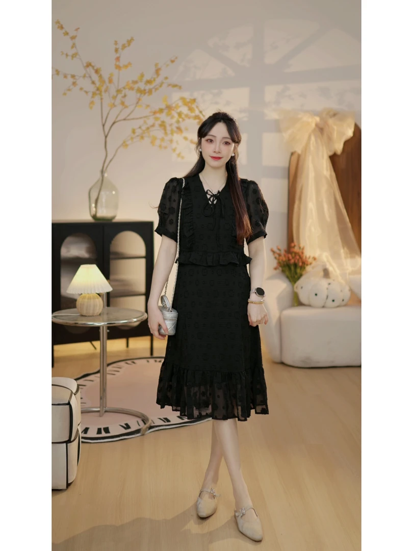 【芭蕾序曲C】法式气质甜美鱼尾长裙遮肚显瘦黑色连衣裙
