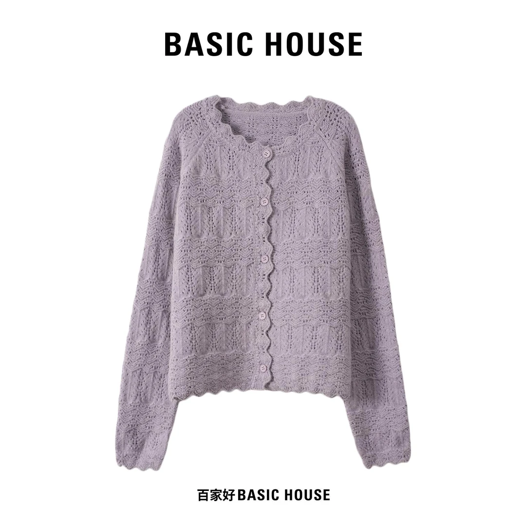 Basic House/百家好2025新款小香风刺绣重工圆领长袖针织衫M712