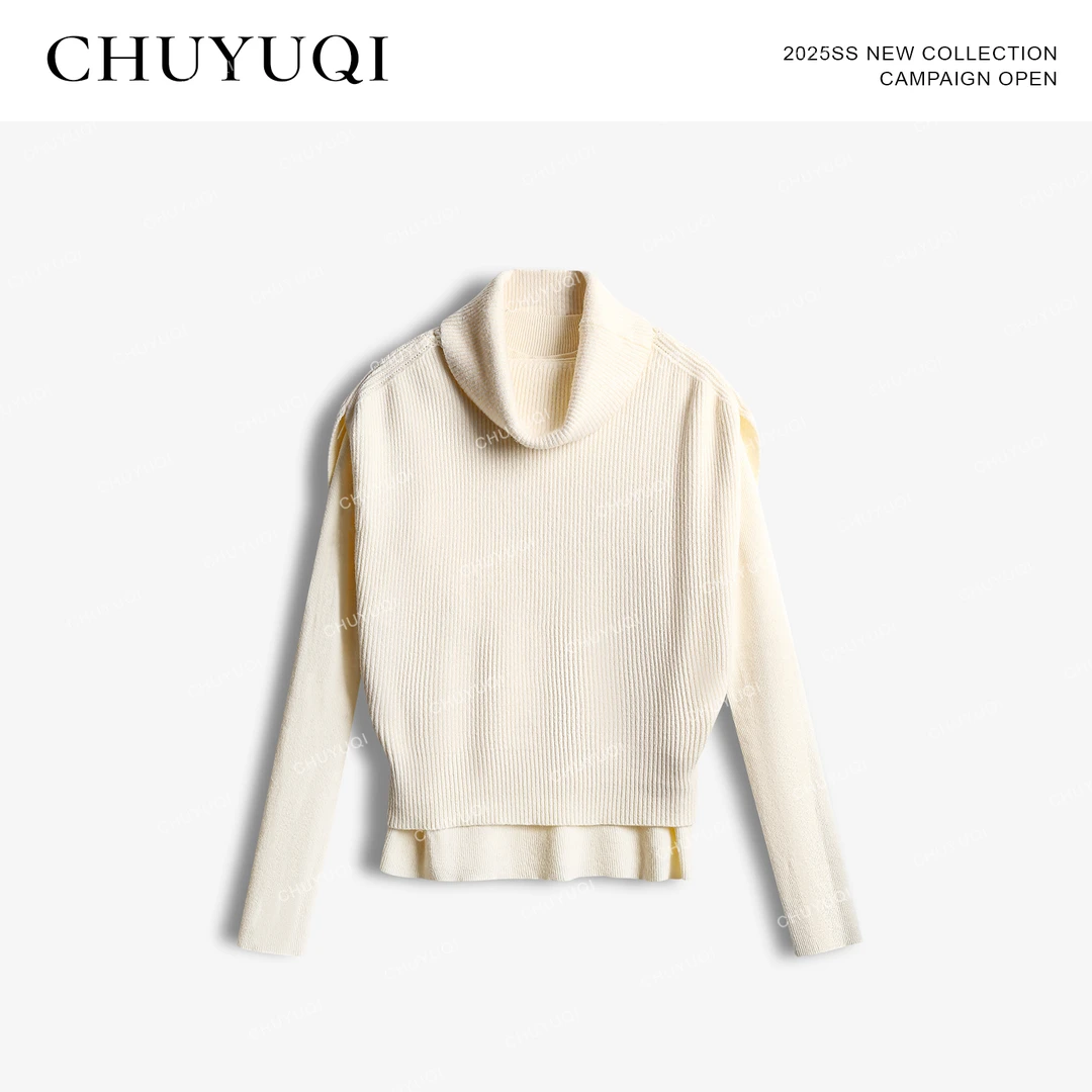 CHUYUQI 自然交织 设计感堆领马甲毛衣女早春长袖打底显瘦两件套