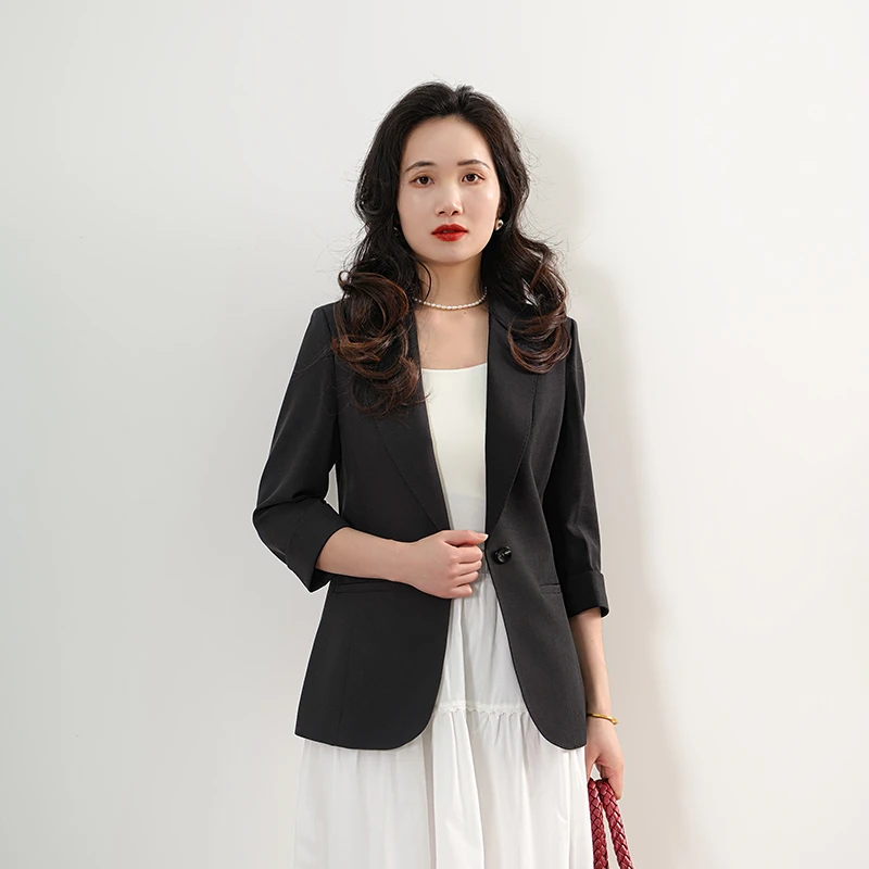 EKNR醋酸七分袖小西装女2025春夏薄款优雅一粒扣显瘦西服外套女