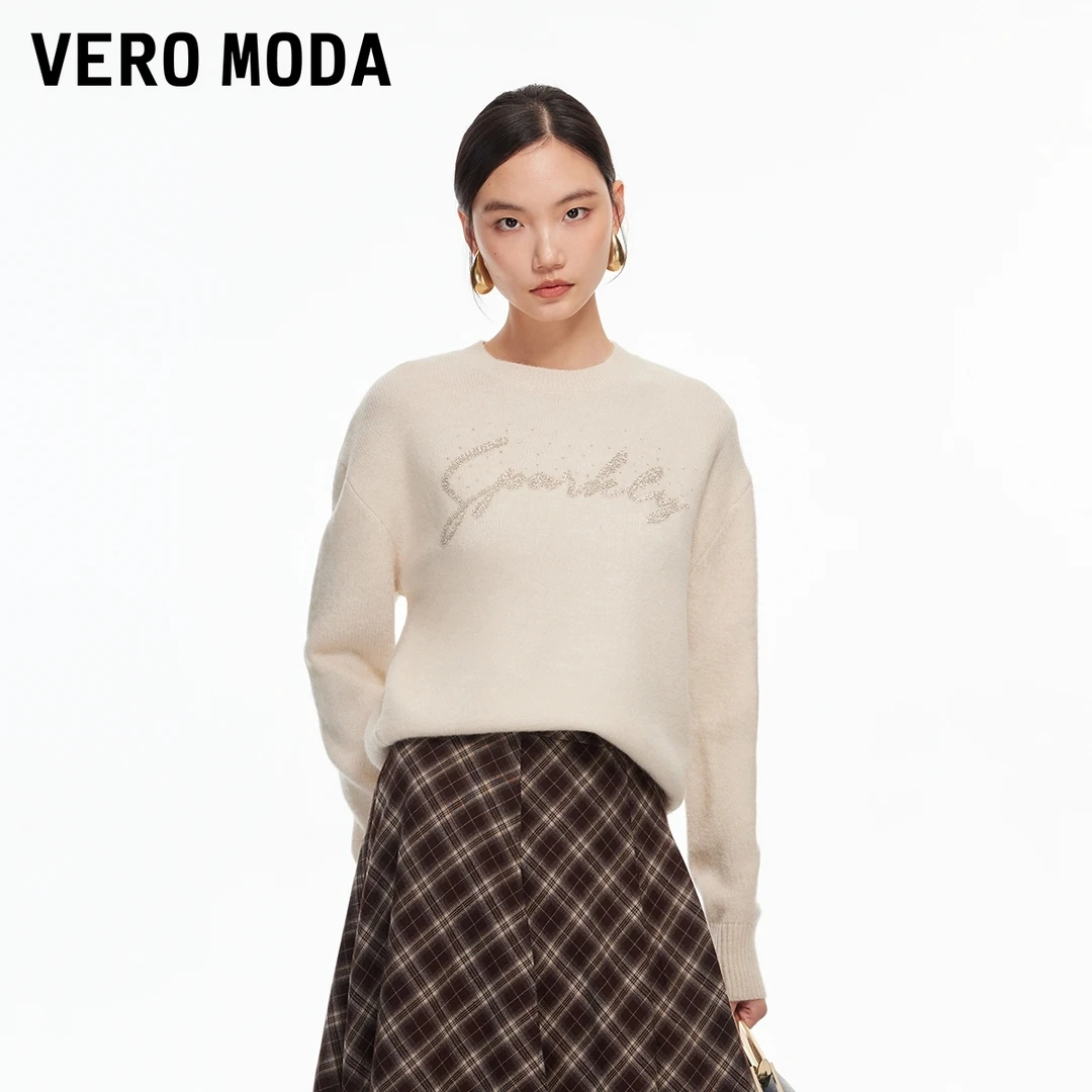 Vero Moda针织衫2025冬季新款字母钉珠宽松圆领简约套头325413035