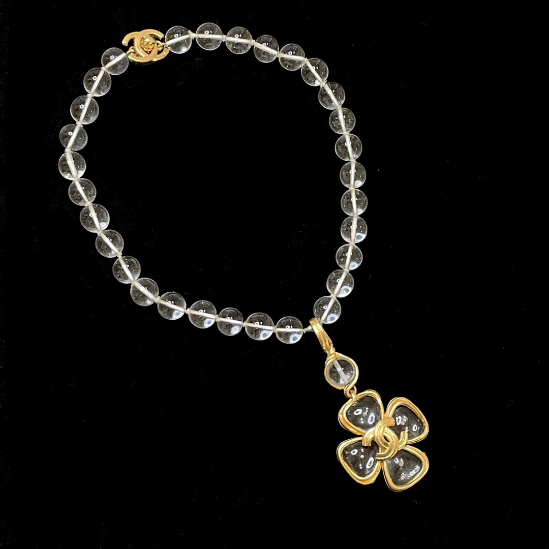 95新 Chanel/香奈儿 透明琉璃珠珠四叶草吊坠 书包扣项链2502144