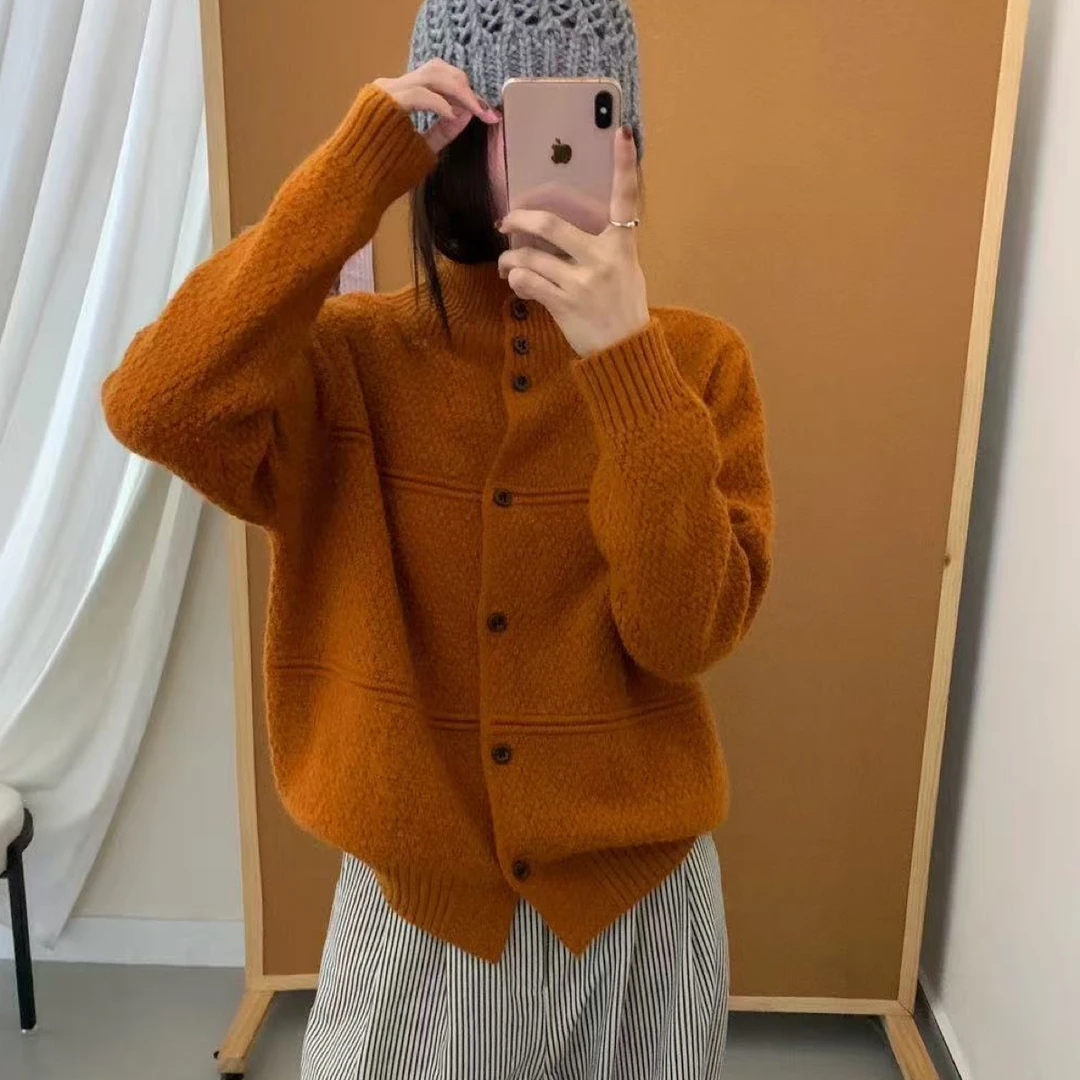 欣织遇韩系高领针织开衫女秋冬慵懒显瘦单排纽扣短款毛衣上衣外套