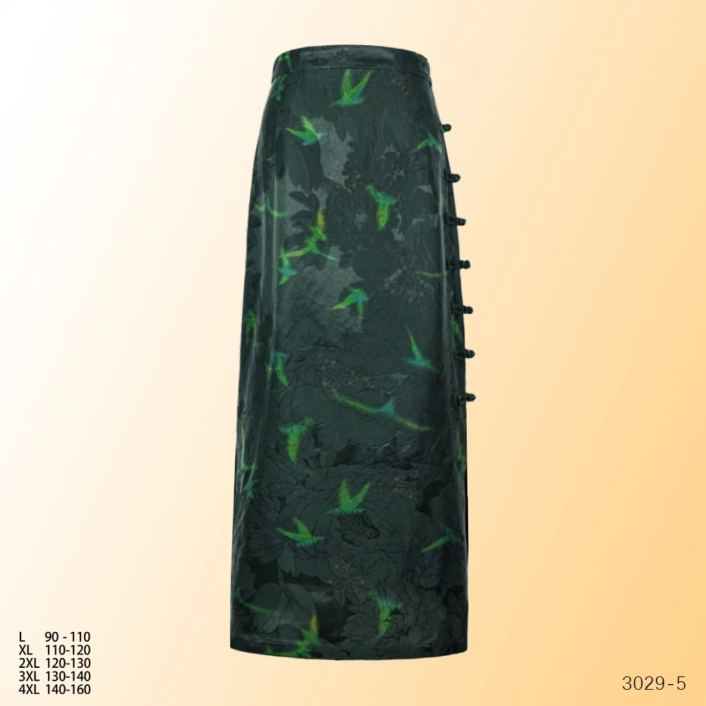 XN 2025夏新款时尚女开叉直筒盘扣侧拉链绿意盎然半身裙3029-5