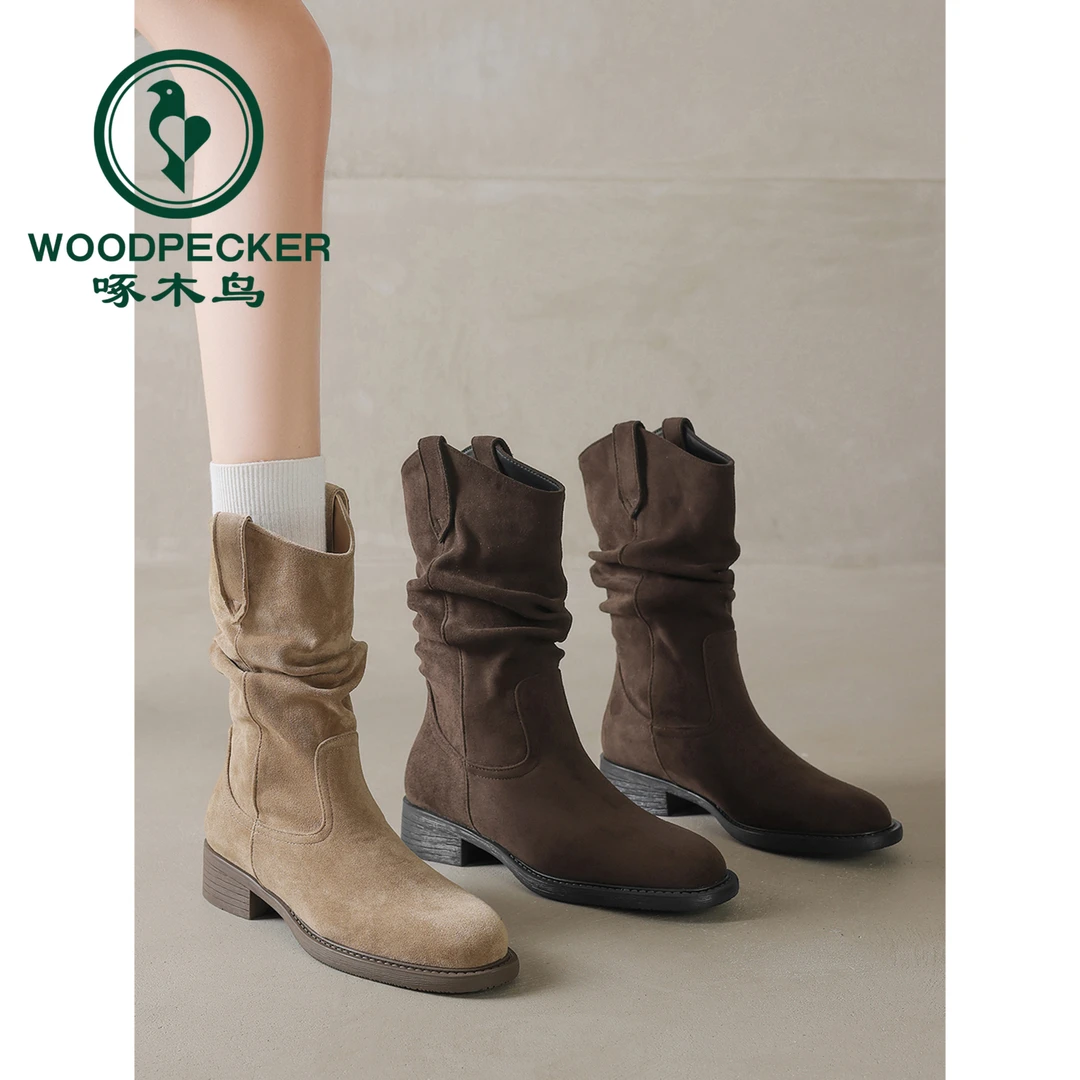 啄木鸟美拉德中筒短靴子女2025新款西部牛仔堆堆靴厚底马丁靴单靴