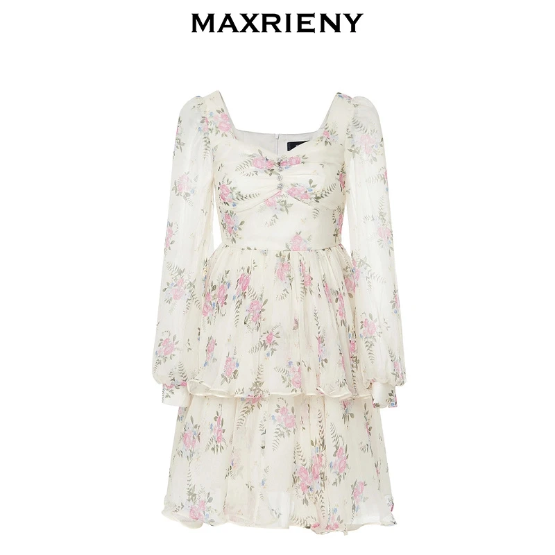 MAXRIENY浪漫复古感真丝碎花连衣裙MC88DR595F90