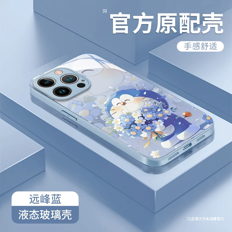 适用哆啦A梦挂绳苹果16pro手机壳华为vivo春夏款oppo小米15玻璃壳