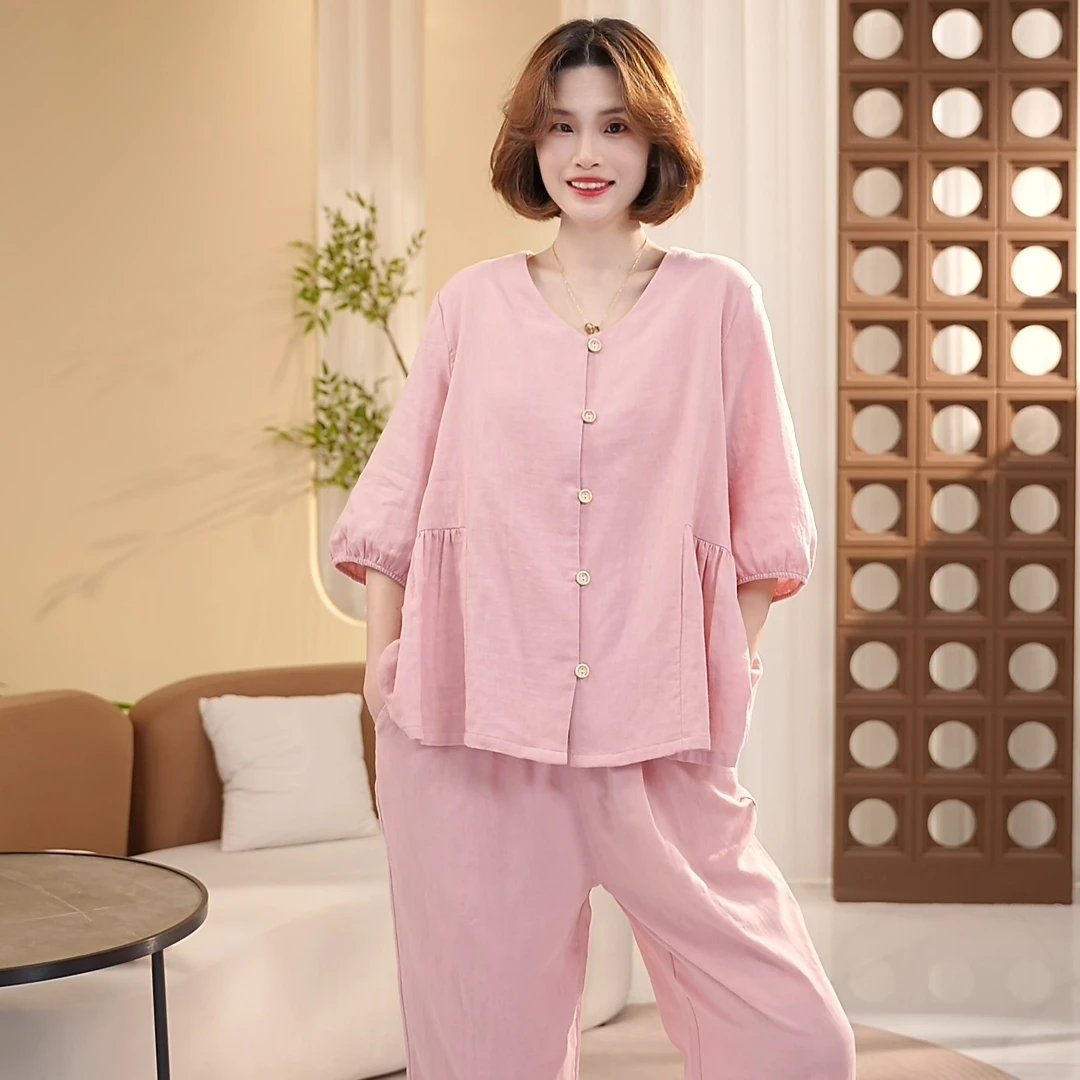 芙蓉世家【粉霞】春夏新品纯棉100舒适家居服套装可外穿