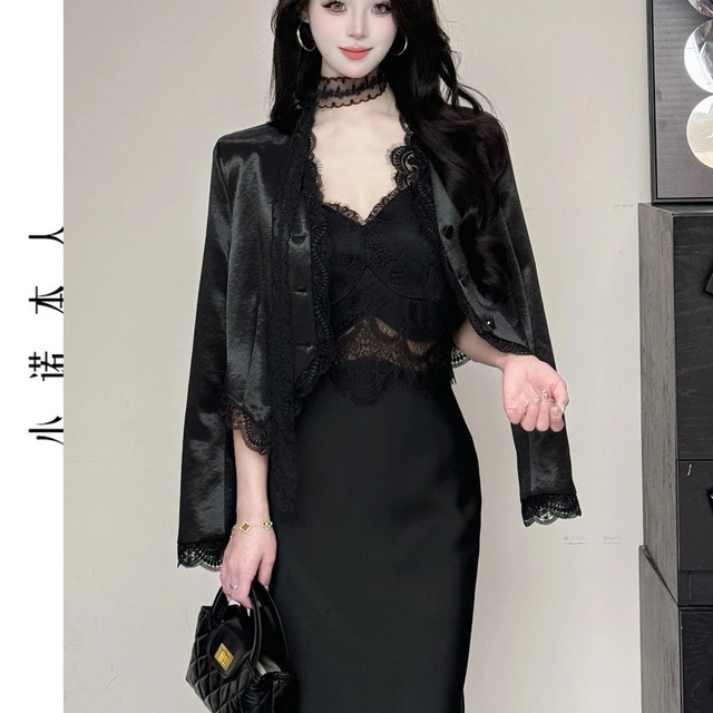 小诺本人休闲短西装女春款设计感小众外套蕾丝拼接连衣裙套装8828