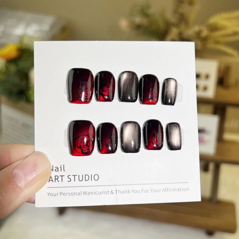 暗夜玫瑰~纯手工穿戴甲精致光疗甲猫眼手绘十片装工具包五件套