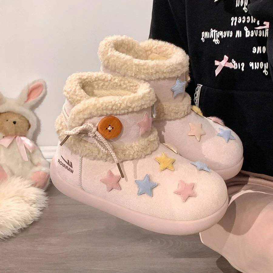 回力星星雪地靴女2025新款冬季皮毛一体厚底加绒保暖棉鞋女毛毛鞋