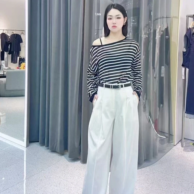 艾诺丝2025夏新款宽松显瘦落肩圆领黑白条纹针织衫T恤上衣女8116