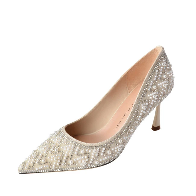 水钻珍珠秀禾高跟喝酒结婚高级感百搭尖头气质伴娘不累脚婚纱新娘