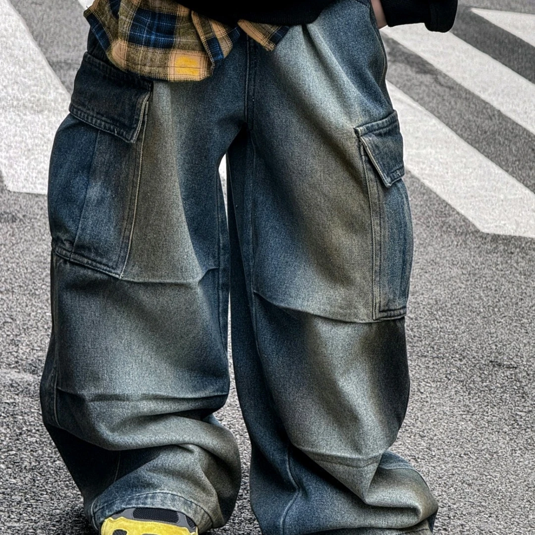 2025秋季新款重工做旧喷色工装牛仔裤纯棉宽松直筒裤儿童长裤