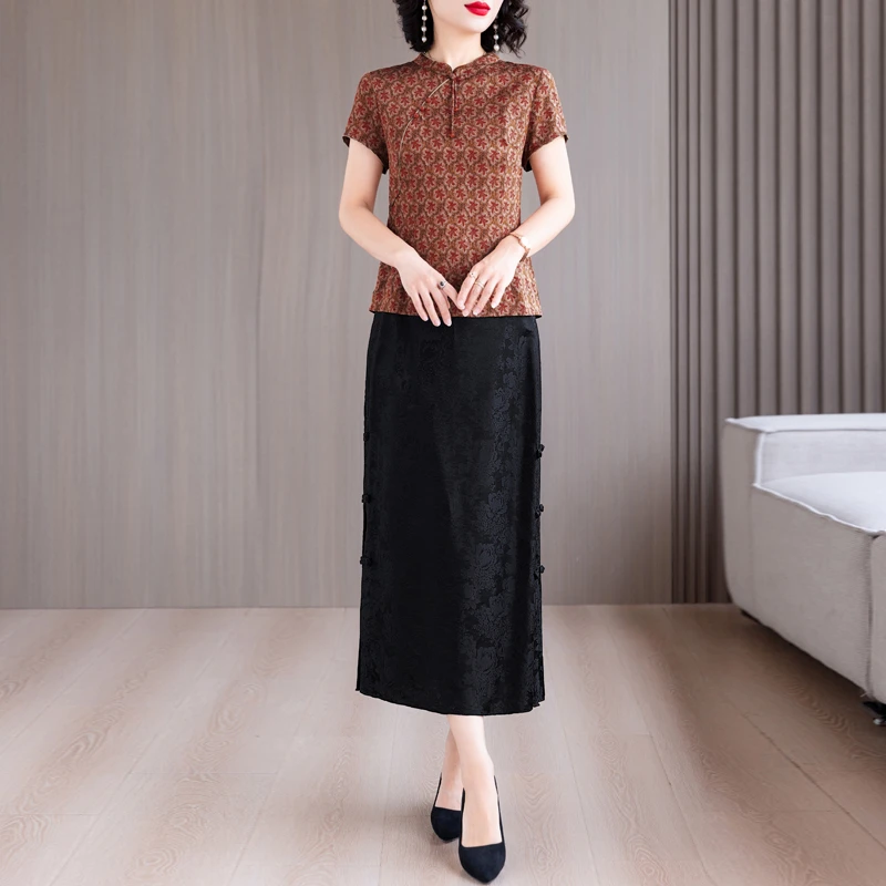 复古盘扣立领上衣女短袖夏季薄款中年妈妈冰丝碎花上衣半身裙套装