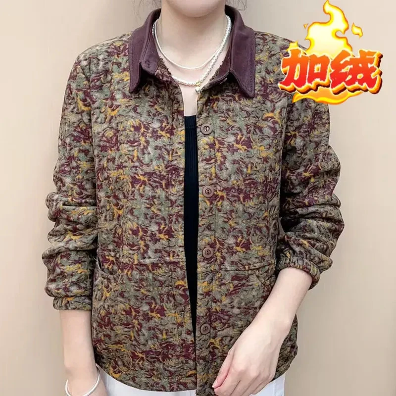 2025中老年女装复古碎花长袖外套洋气加绒翻领夹克气质短款